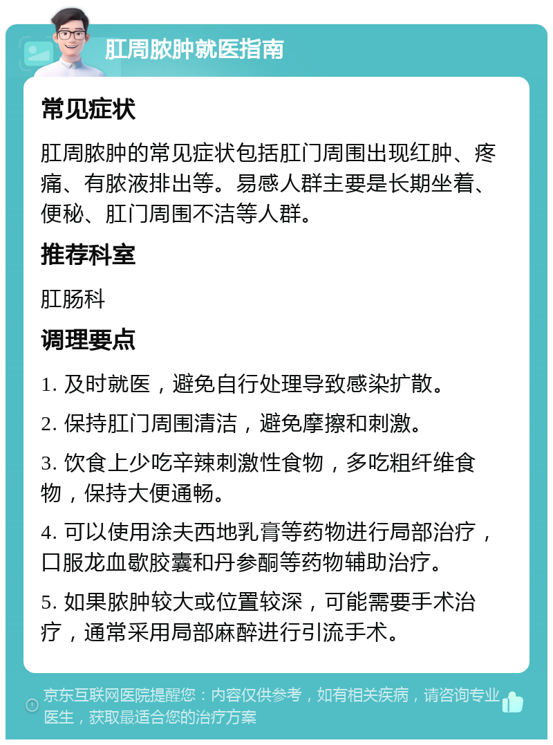 肛周脓肿就医指南 常见症状 肛周脓肿的常见症状包括肛门周围出现红肿、疼痛、有脓液排出等。易感人群主要是长期坐着、便秘、肛门周围不洁等人群。 推荐科室 肛肠科 调理要点 1. 及时就医，避免自行处理导致感染扩散。 2. 保持肛门周围清洁，避免摩擦和刺激。 3. 饮食上少吃辛辣刺激性食物，多吃粗纤维食物，保持大便通畅。 4. 可以使用涂夫西地乳膏等药物进行局部治疗，口服龙血歇胶囊和丹参酮等药物辅助治疗。 5. 如果脓肿较大或位置较深，可能需要手术治疗，通常采用局部麻醉进行引流手术。