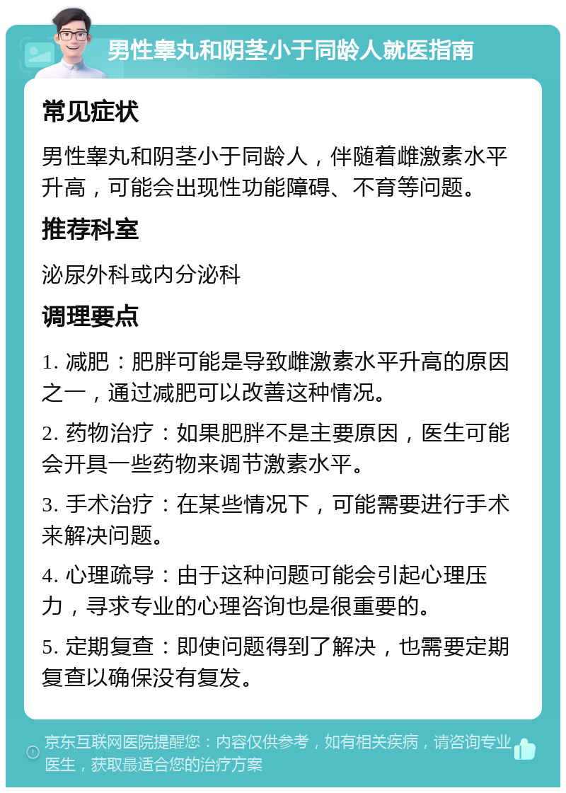 男性睾丸和阴茎小于同龄人就医指南 常见症状 男性睾丸和阴茎小于同龄人，伴随着雌激素水平升高，可能会出现性功能障碍、不育等问题。 推荐科室 泌尿外科或内分泌科 调理要点 1. 减肥：肥胖可能是导致雌激素水平升高的原因之一，通过减肥可以改善这种情况。 2. 药物治疗：如果肥胖不是主要原因，医生可能会开具一些药物来调节激素水平。 3. 手术治疗：在某些情况下，可能需要进行手术来解决问题。 4. 心理疏导：由于这种问题可能会引起心理压力，寻求专业的心理咨询也是很重要的。 5. 定期复查：即使问题得到了解决，也需要定期复查以确保没有复发。