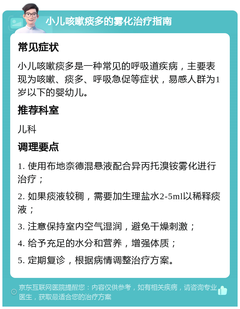 小儿咳嗽痰多的雾化治疗指南 常见症状 小儿咳嗽痰多是一种常见的呼吸道疾病，主要表现为咳嗽、痰多、呼吸急促等症状，易感人群为1岁以下的婴幼儿。 推荐科室 儿科 调理要点 1. 使用布地奈德混悬液配合异丙托溴铵雾化进行治疗； 2. 如果痰液较稠，需要加生理盐水2-5ml以稀释痰液； 3. 注意保持室内空气湿润，避免干燥刺激； 4. 给予充足的水分和营养，增强体质； 5. 定期复诊，根据病情调整治疗方案。