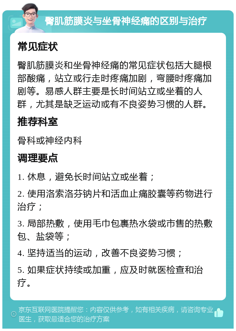 臀肌筋膜炎与坐骨神经痛的区别与治疗 常见症状 臀肌筋膜炎和坐骨神经痛的常见症状包括大腿根部酸痛，站立或行走时疼痛加剧，弯腰时疼痛加剧等。易感人群主要是长时间站立或坐着的人群，尤其是缺乏运动或有不良姿势习惯的人群。 推荐科室 骨科或神经内科 调理要点 1. 休息，避免长时间站立或坐着； 2. 使用洛索洛芬钠片和活血止痛胶囊等药物进行治疗； 3. 局部热敷，使用毛巾包裹热水袋或市售的热敷包、盐袋等； 4. 坚持适当的运动，改善不良姿势习惯； 5. 如果症状持续或加重，应及时就医检查和治疗。