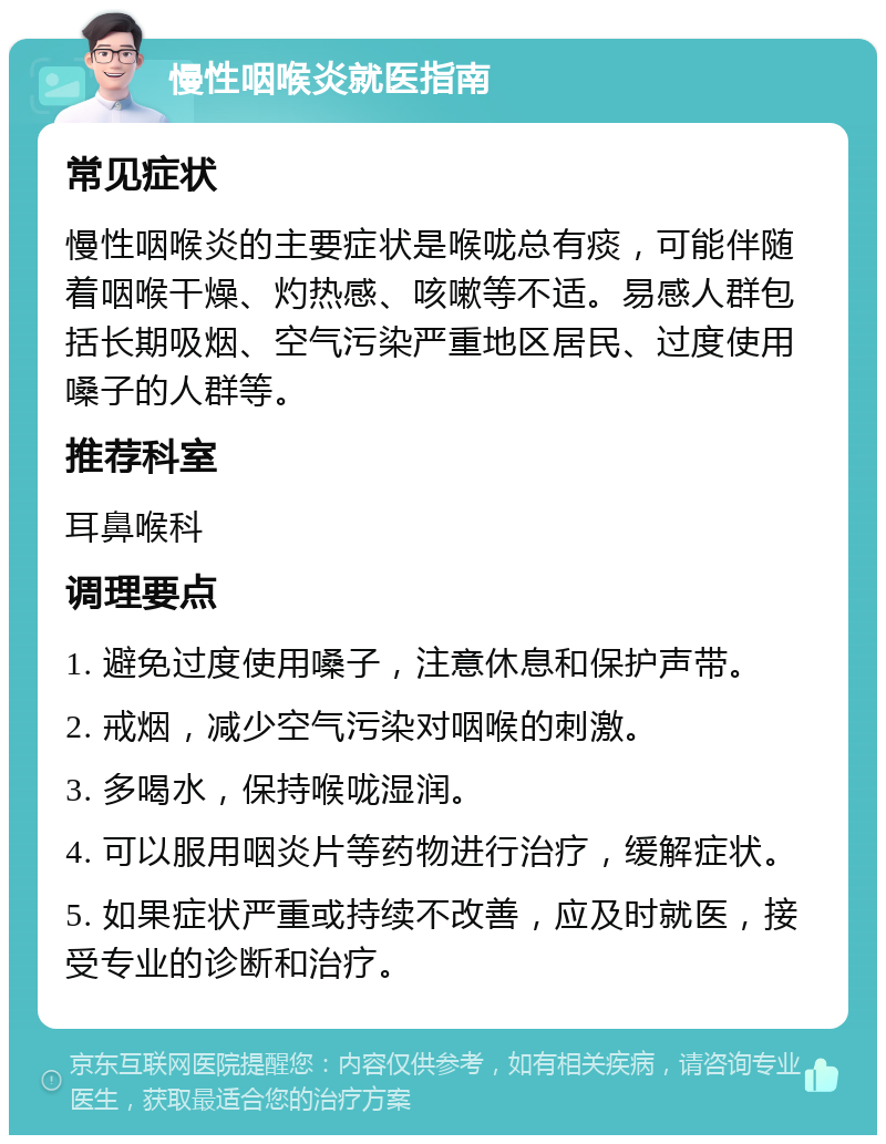 慢性咽喉炎就医指南 常见症状 慢性咽喉炎的主要症状是喉咙总有痰，可能伴随着咽喉干燥、灼热感、咳嗽等不适。易感人群包括长期吸烟、空气污染严重地区居民、过度使用嗓子的人群等。 推荐科室 耳鼻喉科 调理要点 1. 避免过度使用嗓子，注意休息和保护声带。 2. 戒烟，减少空气污染对咽喉的刺激。 3. 多喝水，保持喉咙湿润。 4. 可以服用咽炎片等药物进行治疗，缓解症状。 5. 如果症状严重或持续不改善，应及时就医，接受专业的诊断和治疗。