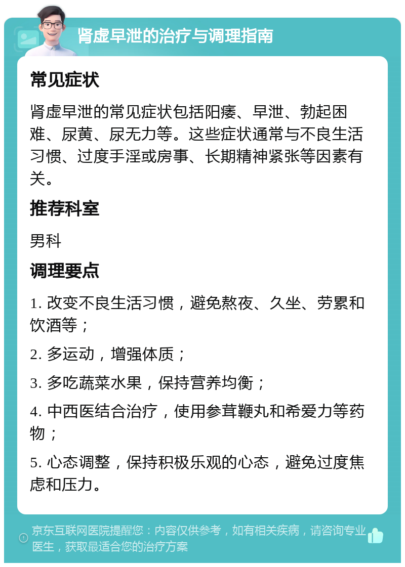 肾虚早泄的治疗与调理指南 常见症状 肾虚早泄的常见症状包括阳痿、早泄、勃起困难、尿黄、尿无力等。这些症状通常与不良生活习惯、过度手淫或房事、长期精神紧张等因素有关。 推荐科室 男科 调理要点 1. 改变不良生活习惯，避免熬夜、久坐、劳累和饮酒等； 2. 多运动，增强体质； 3. 多吃蔬菜水果，保持营养均衡； 4. 中西医结合治疗，使用参茸鞭丸和希爱力等药物； 5. 心态调整，保持积极乐观的心态，避免过度焦虑和压力。