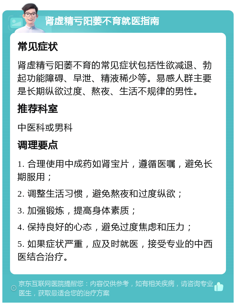 肾虚精亏阳萎不育就医指南 常见症状 肾虚精亏阳萎不育的常见症状包括性欲减退、勃起功能障碍、早泄、精液稀少等。易感人群主要是长期纵欲过度、熬夜、生活不规律的男性。 推荐科室 中医科或男科 调理要点 1. 合理使用中成药如肾宝片，遵循医嘱，避免长期服用； 2. 调整生活习惯，避免熬夜和过度纵欲； 3. 加强锻炼，提高身体素质； 4. 保持良好的心态，避免过度焦虑和压力； 5. 如果症状严重，应及时就医，接受专业的中西医结合治疗。