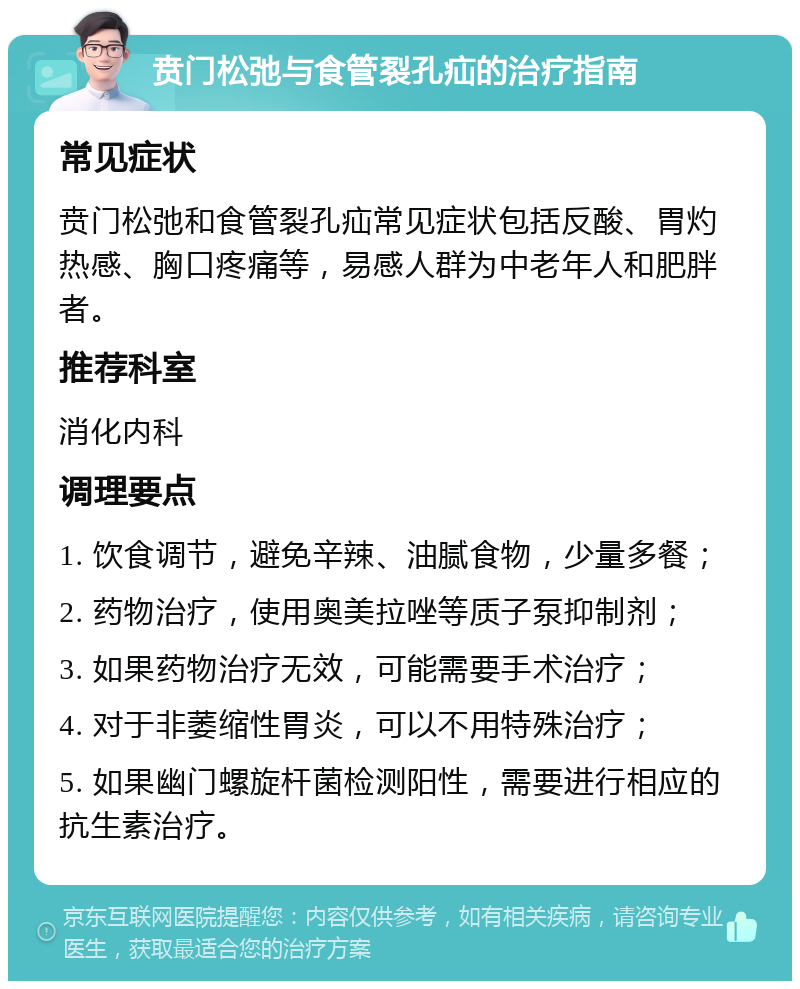 贲门松弛与食管裂孔疝的治疗指南 常见症状 贲门松弛和食管裂孔疝常见症状包括反酸、胃灼热感、胸口疼痛等，易感人群为中老年人和肥胖者。 推荐科室 消化内科 调理要点 1. 饮食调节，避免辛辣、油腻食物，少量多餐； 2. 药物治疗，使用奥美拉唑等质子泵抑制剂； 3. 如果药物治疗无效，可能需要手术治疗； 4. 对于非萎缩性胃炎，可以不用特殊治疗； 5. 如果幽门螺旋杆菌检测阳性，需要进行相应的抗生素治疗。