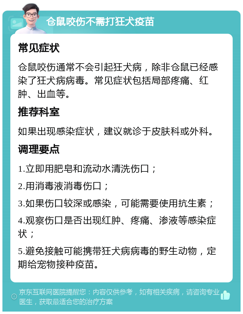 仓鼠咬伤不需打狂犬疫苗 常见症状 仓鼠咬伤通常不会引起狂犬病，除非仓鼠已经感染了狂犬病病毒。常见症状包括局部疼痛、红肿、出血等。 推荐科室 如果出现感染症状，建议就诊于皮肤科或外科。 调理要点 1.立即用肥皂和流动水清洗伤口； 2.用消毒液消毒伤口； 3.如果伤口较深或感染，可能需要使用抗生素； 4.观察伤口是否出现红肿、疼痛、渗液等感染症状； 5.避免接触可能携带狂犬病病毒的野生动物，定期给宠物接种疫苗。