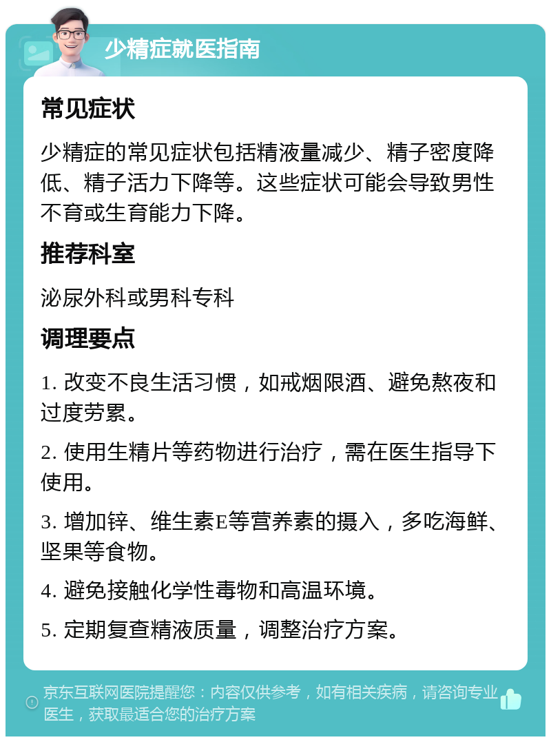 少精症就医指南 常见症状 少精症的常见症状包括精液量减少、精子密度降低、精子活力下降等。这些症状可能会导致男性不育或生育能力下降。 推荐科室 泌尿外科或男科专科 调理要点 1. 改变不良生活习惯，如戒烟限酒、避免熬夜和过度劳累。 2. 使用生精片等药物进行治疗，需在医生指导下使用。 3. 增加锌、维生素E等营养素的摄入，多吃海鲜、坚果等食物。 4. 避免接触化学性毒物和高温环境。 5. 定期复查精液质量，调整治疗方案。