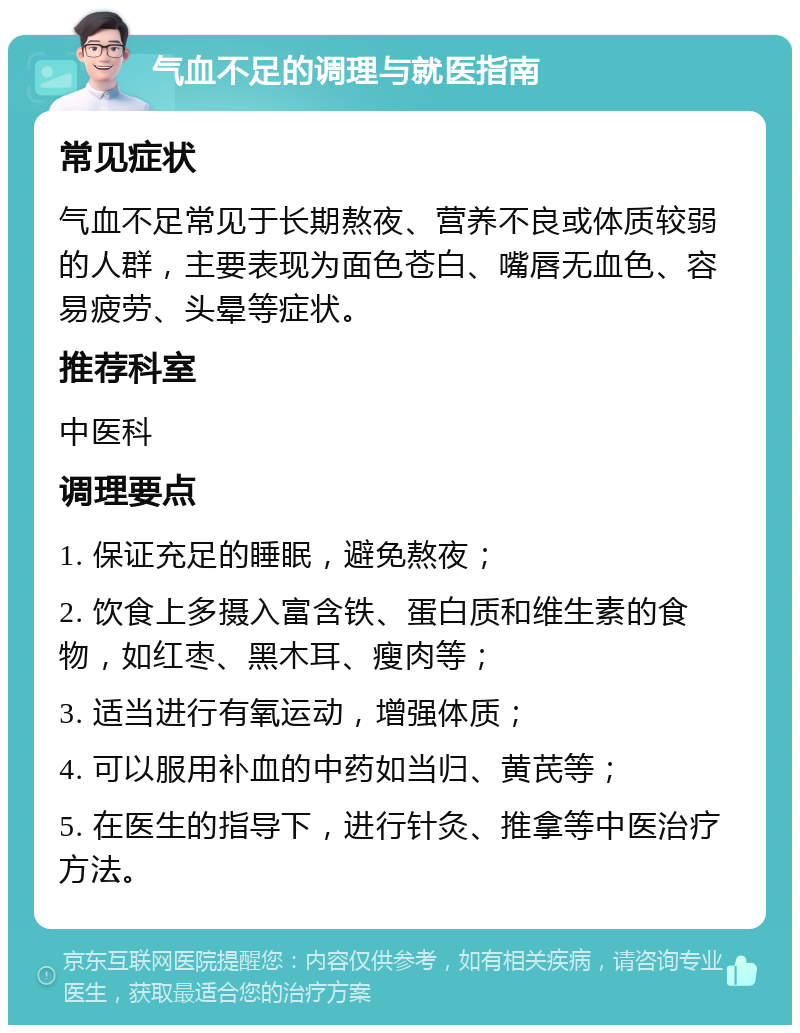 气血不足的调理与就医指南 常见症状 气血不足常见于长期熬夜、营养不良或体质较弱的人群，主要表现为面色苍白、嘴唇无血色、容易疲劳、头晕等症状。 推荐科室 中医科 调理要点 1. 保证充足的睡眠，避免熬夜； 2. 饮食上多摄入富含铁、蛋白质和维生素的食物，如红枣、黑木耳、瘦肉等； 3. 适当进行有氧运动，增强体质； 4. 可以服用补血的中药如当归、黄芪等； 5. 在医生的指导下，进行针灸、推拿等中医治疗方法。