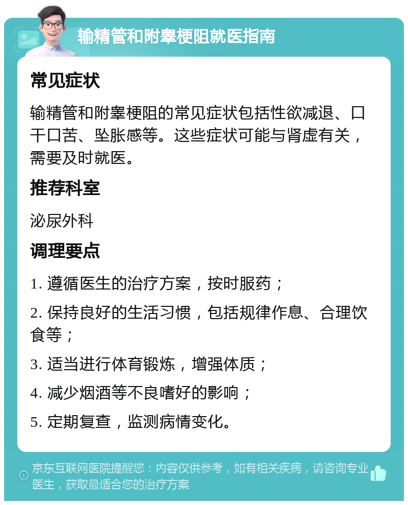 输精管和附睾梗阻就医指南 常见症状 输精管和附睾梗阻的常见症状包括性欲减退、口干口苦、坠胀感等。这些症状可能与肾虚有关，需要及时就医。 推荐科室 泌尿外科 调理要点 1. 遵循医生的治疗方案，按时服药； 2. 保持良好的生活习惯，包括规律作息、合理饮食等； 3. 适当进行体育锻炼，增强体质； 4. 减少烟酒等不良嗜好的影响； 5. 定期复查，监测病情变化。