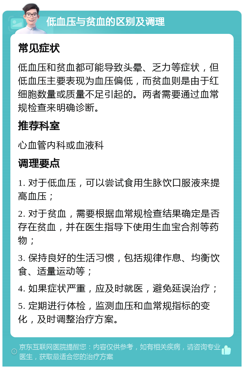 低血压与贫血的区别及调理 常见症状 低血压和贫血都可能导致头晕、乏力等症状，但低血压主要表现为血压偏低，而贫血则是由于红细胞数量或质量不足引起的。两者需要通过血常规检查来明确诊断。 推荐科室 心血管内科或血液科 调理要点 1. 对于低血压，可以尝试食用生脉饮口服液来提高血压； 2. 对于贫血，需要根据血常规检查结果确定是否存在贫血，并在医生指导下使用生血宝合剂等药物； 3. 保持良好的生活习惯，包括规律作息、均衡饮食、适量运动等； 4. 如果症状严重，应及时就医，避免延误治疗； 5. 定期进行体检，监测血压和血常规指标的变化，及时调整治疗方案。