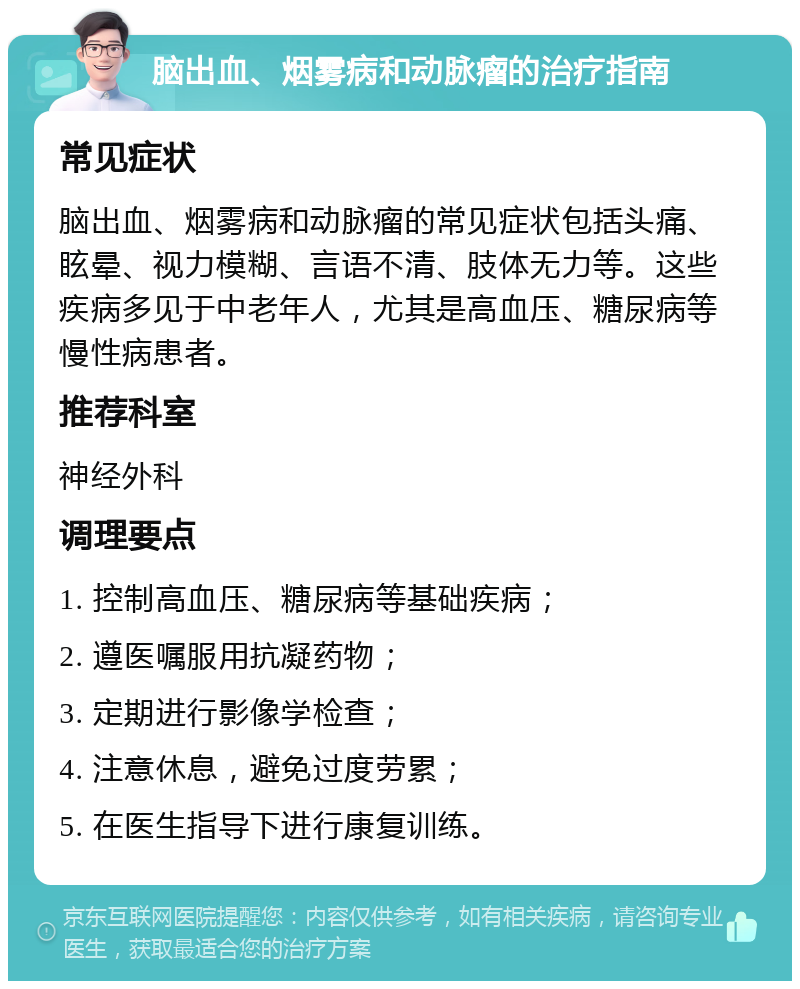 脑出血、烟雾病和动脉瘤的治疗指南 常见症状 脑出血、烟雾病和动脉瘤的常见症状包括头痛、眩晕、视力模糊、言语不清、肢体无力等。这些疾病多见于中老年人，尤其是高血压、糖尿病等慢性病患者。 推荐科室 神经外科 调理要点 1. 控制高血压、糖尿病等基础疾病； 2. 遵医嘱服用抗凝药物； 3. 定期进行影像学检查； 4. 注意休息，避免过度劳累； 5. 在医生指导下进行康复训练。