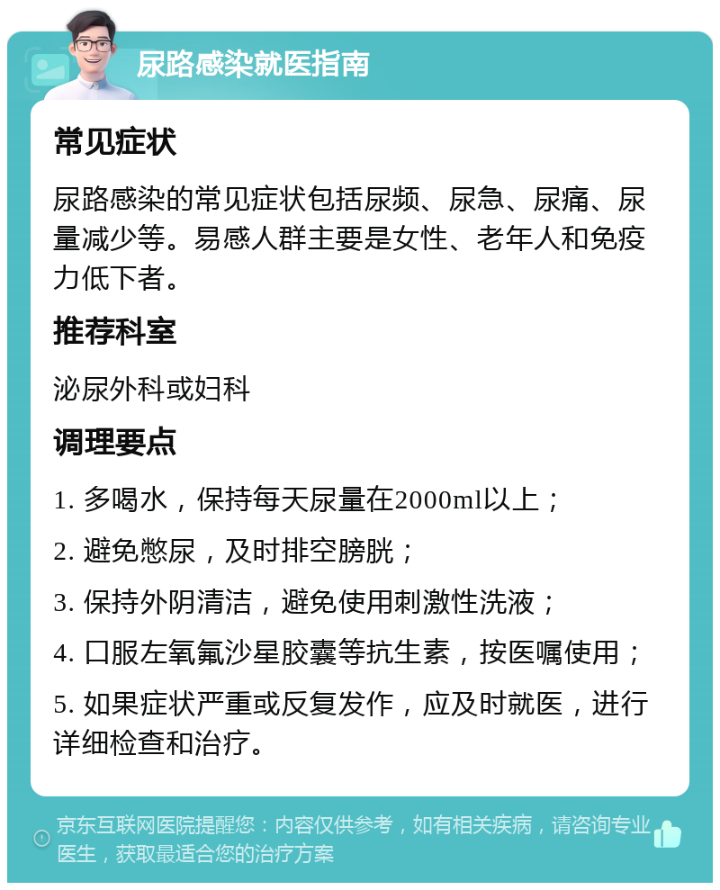 尿路感染就医指南 常见症状 尿路感染的常见症状包括尿频、尿急、尿痛、尿量减少等。易感人群主要是女性、老年人和免疫力低下者。 推荐科室 泌尿外科或妇科 调理要点 1. 多喝水，保持每天尿量在2000ml以上； 2. 避免憋尿，及时排空膀胱； 3. 保持外阴清洁，避免使用刺激性洗液； 4. 口服左氧氟沙星胶囊等抗生素，按医嘱使用； 5. 如果症状严重或反复发作，应及时就医，进行详细检查和治疗。