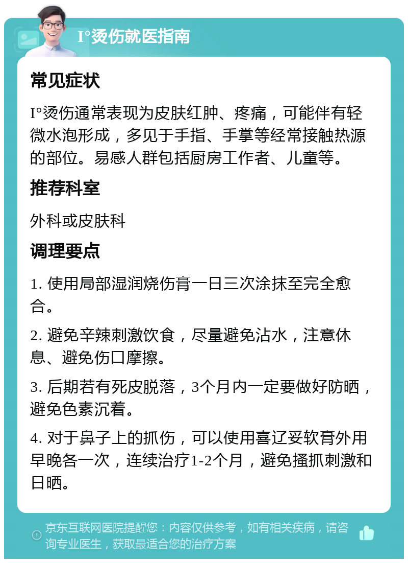 I°烫伤就医指南 常见症状 I°烫伤通常表现为皮肤红肿、疼痛，可能伴有轻微水泡形成，多见于手指、手掌等经常接触热源的部位。易感人群包括厨房工作者、儿童等。 推荐科室 外科或皮肤科 调理要点 1. 使用局部湿润烧伤膏一日三次涂抹至完全愈合。 2. 避免辛辣刺激饮食，尽量避免沾水，注意休息、避免伤口摩擦。 3. 后期若有死皮脱落，3个月内一定要做好防晒，避免色素沉着。 4. 对于鼻子上的抓伤，可以使用喜辽妥软膏外用早晚各一次，连续治疗1-2个月，避免搔抓刺激和日晒。