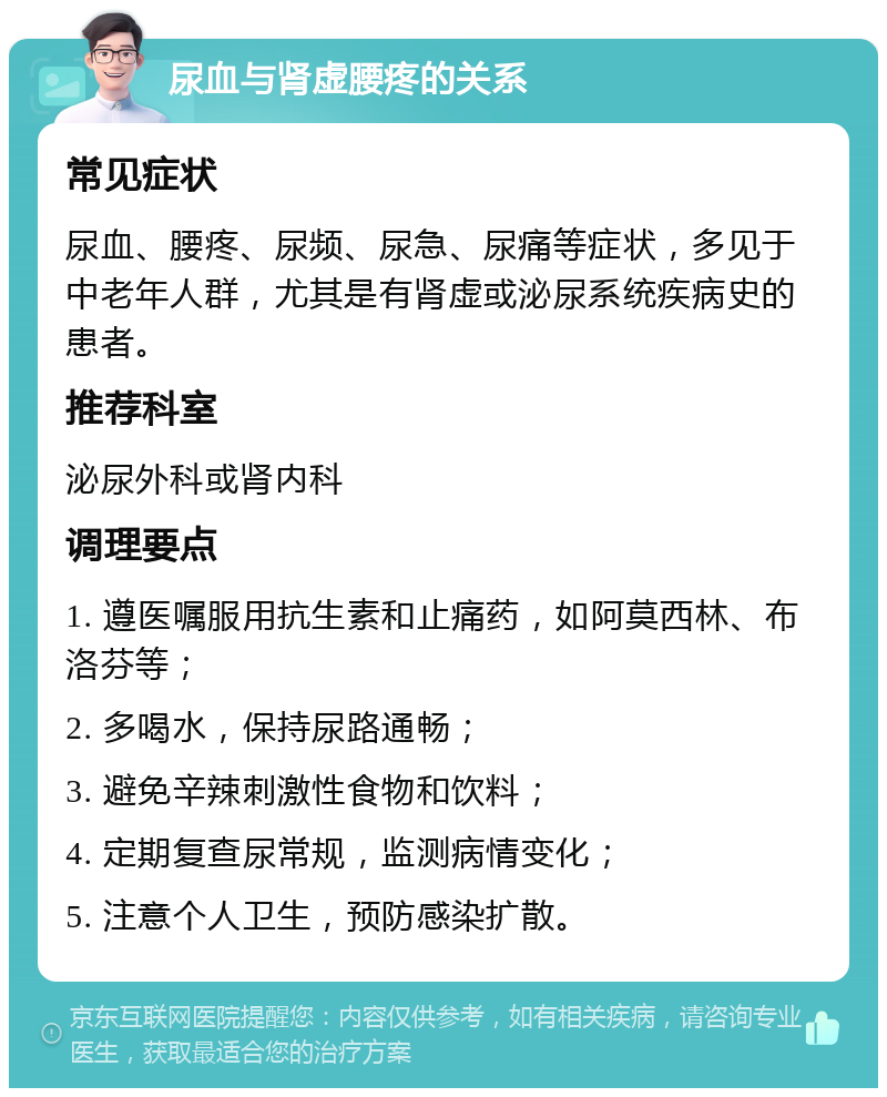 尿血与肾虚腰疼的关系 常见症状 尿血、腰疼、尿频、尿急、尿痛等症状，多见于中老年人群，尤其是有肾虚或泌尿系统疾病史的患者。 推荐科室 泌尿外科或肾内科 调理要点 1. 遵医嘱服用抗生素和止痛药，如阿莫西林、布洛芬等； 2. 多喝水，保持尿路通畅； 3. 避免辛辣刺激性食物和饮料； 4. 定期复查尿常规，监测病情变化； 5. 注意个人卫生，预防感染扩散。