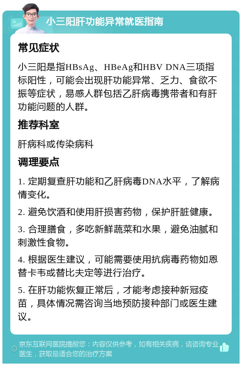 小三阳肝功能异常就医指南 常见症状 小三阳是指HBsAg、HBeAg和HBV DNA三项指标阳性，可能会出现肝功能异常、乏力、食欲不振等症状，易感人群包括乙肝病毒携带者和有肝功能问题的人群。 推荐科室 肝病科或传染病科 调理要点 1. 定期复查肝功能和乙肝病毒DNA水平，了解病情变化。 2. 避免饮酒和使用肝损害药物，保护肝脏健康。 3. 合理膳食，多吃新鲜蔬菜和水果，避免油腻和刺激性食物。 4. 根据医生建议，可能需要使用抗病毒药物如恩替卡韦或替比夫定等进行治疗。 5. 在肝功能恢复正常后，才能考虑接种新冠疫苗，具体情况需咨询当地预防接种部门或医生建议。