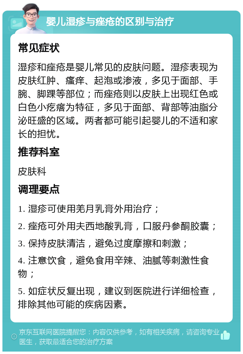 婴儿湿疹与痤疮的区别与治疗 常见症状 湿疹和痤疮是婴儿常见的皮肤问题。湿疹表现为皮肤红肿、瘙痒、起泡或渗液，多见于面部、手腕、脚踝等部位；而痤疮则以皮肤上出现红色或白色小疙瘩为特征，多见于面部、背部等油脂分泌旺盛的区域。两者都可能引起婴儿的不适和家长的担忧。 推荐科室 皮肤科 调理要点 1. 湿疹可使用羌月乳膏外用治疗； 2. 痤疮可外用夫西地酸乳膏，口服丹参酮胶囊； 3. 保持皮肤清洁，避免过度摩擦和刺激； 4. 注意饮食，避免食用辛辣、油腻等刺激性食物； 5. 如症状反复出现，建议到医院进行详细检查，排除其他可能的疾病因素。