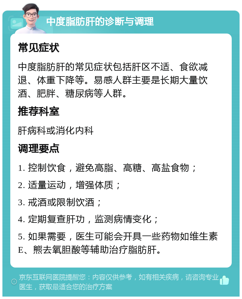 中度脂肪肝的诊断与调理 常见症状 中度脂肪肝的常见症状包括肝区不适、食欲减退、体重下降等。易感人群主要是长期大量饮酒、肥胖、糖尿病等人群。 推荐科室 肝病科或消化内科 调理要点 1. 控制饮食，避免高脂、高糖、高盐食物； 2. 适量运动，增强体质； 3. 戒酒或限制饮酒； 4. 定期复查肝功，监测病情变化； 5. 如果需要，医生可能会开具一些药物如维生素E、熊去氧胆酸等辅助治疗脂肪肝。