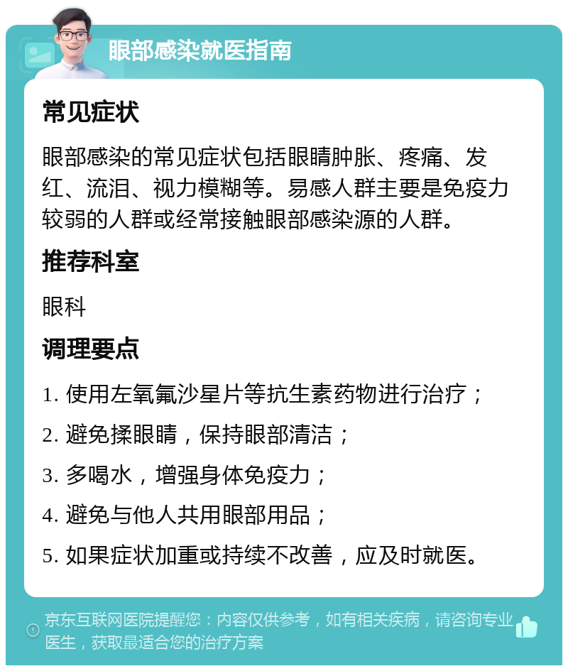 眼部感染就医指南 常见症状 眼部感染的常见症状包括眼睛肿胀、疼痛、发红、流泪、视力模糊等。易感人群主要是免疫力较弱的人群或经常接触眼部感染源的人群。 推荐科室 眼科 调理要点 1. 使用左氧氟沙星片等抗生素药物进行治疗； 2. 避免揉眼睛，保持眼部清洁； 3. 多喝水，增强身体免疫力； 4. 避免与他人共用眼部用品； 5. 如果症状加重或持续不改善，应及时就医。