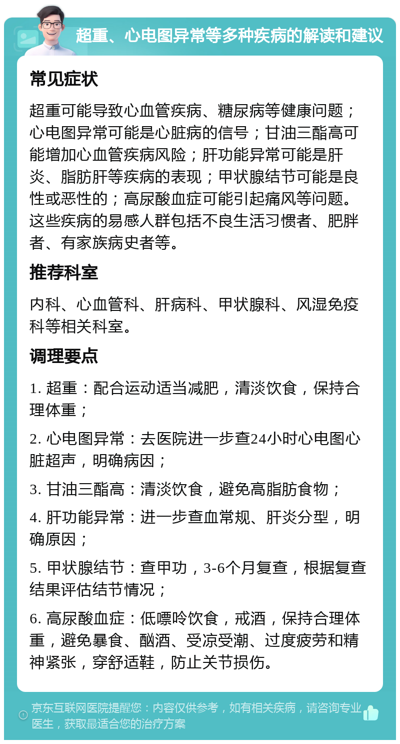 超重、心电图异常等多种疾病的解读和建议 常见症状 超重可能导致心血管疾病、糖尿病等健康问题；心电图异常可能是心脏病的信号；甘油三酯高可能增加心血管疾病风险；肝功能异常可能是肝炎、脂肪肝等疾病的表现；甲状腺结节可能是良性或恶性的；高尿酸血症可能引起痛风等问题。这些疾病的易感人群包括不良生活习惯者、肥胖者、有家族病史者等。 推荐科室 内科、心血管科、肝病科、甲状腺科、风湿免疫科等相关科室。 调理要点 1. 超重：配合运动适当减肥，清淡饮食，保持合理体重； 2. 心电图异常：去医院进一步查24小时心电图心脏超声，明确病因； 3. 甘油三酯高：清淡饮食，避免高脂肪食物； 4. 肝功能异常：进一步查血常规、肝炎分型，明确原因； 5. 甲状腺结节：查甲功，3-6个月复查，根据复查结果评估结节情况； 6. 高尿酸血症：低嘌呤饮食，戒酒，保持合理体重，避免暴食、酗酒、受凉受潮、过度疲劳和精神紧张，穿舒适鞋，防止关节损伤。