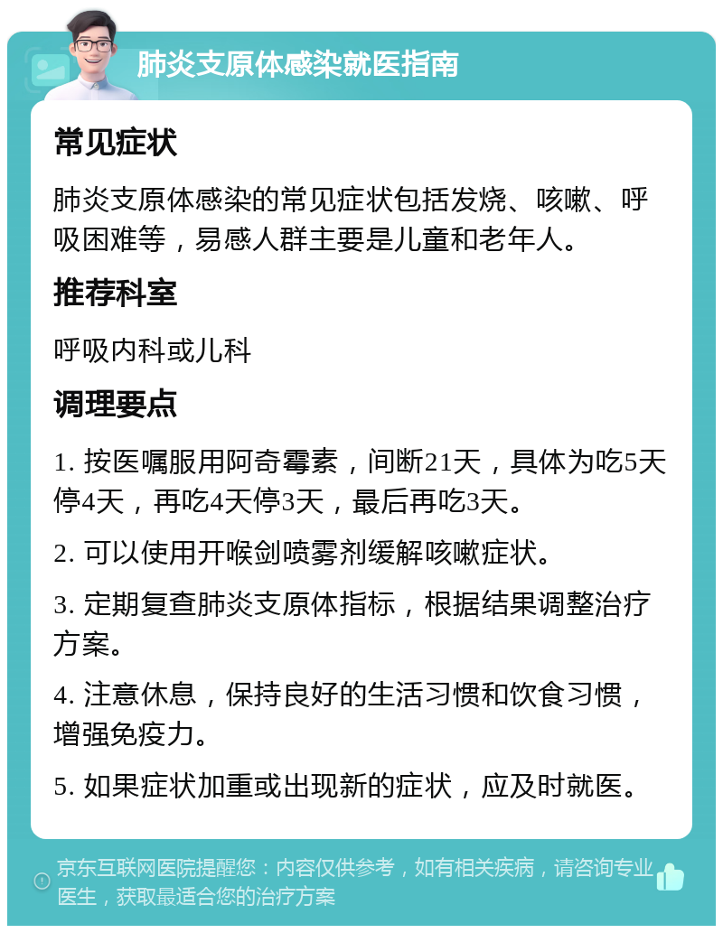 肺炎支原体感染就医指南 常见症状 肺炎支原体感染的常见症状包括发烧、咳嗽、呼吸困难等，易感人群主要是儿童和老年人。 推荐科室 呼吸内科或儿科 调理要点 1. 按医嘱服用阿奇霉素，间断21天，具体为吃5天停4天，再吃4天停3天，最后再吃3天。 2. 可以使用开喉剑喷雾剂缓解咳嗽症状。 3. 定期复查肺炎支原体指标，根据结果调整治疗方案。 4. 注意休息，保持良好的生活习惯和饮食习惯，增强免疫力。 5. 如果症状加重或出现新的症状，应及时就医。