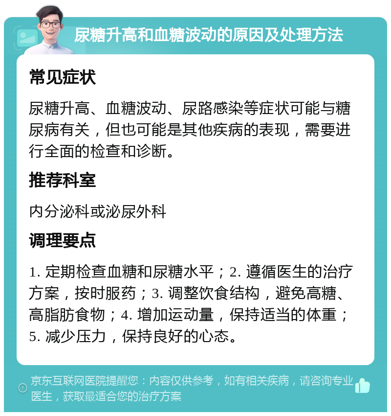 尿糖升高和血糖波动的原因及处理方法 常见症状 尿糖升高、血糖波动、尿路感染等症状可能与糖尿病有关，但也可能是其他疾病的表现，需要进行全面的检查和诊断。 推荐科室 内分泌科或泌尿外科 调理要点 1. 定期检查血糖和尿糖水平；2. 遵循医生的治疗方案，按时服药；3. 调整饮食结构，避免高糖、高脂肪食物；4. 增加运动量，保持适当的体重；5. 减少压力，保持良好的心态。