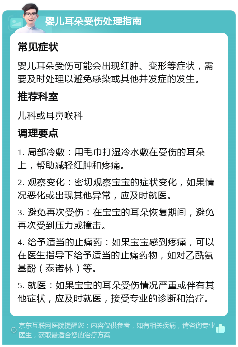 婴儿耳朵受伤处理指南 常见症状 婴儿耳朵受伤可能会出现红肿、变形等症状，需要及时处理以避免感染或其他并发症的发生。 推荐科室 儿科或耳鼻喉科 调理要点 1. 局部冷敷：用毛巾打湿冷水敷在受伤的耳朵上，帮助减轻红肿和疼痛。 2. 观察变化：密切观察宝宝的症状变化，如果情况恶化或出现其他异常，应及时就医。 3. 避免再次受伤：在宝宝的耳朵恢复期间，避免再次受到压力或撞击。 4. 给予适当的止痛药：如果宝宝感到疼痛，可以在医生指导下给予适当的止痛药物，如对乙酰氨基酚（泰诺林）等。 5. 就医：如果宝宝的耳朵受伤情况严重或伴有其他症状，应及时就医，接受专业的诊断和治疗。