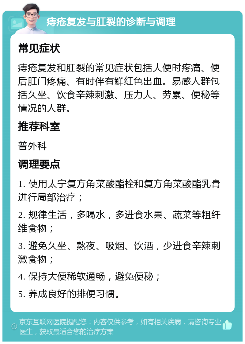 痔疮复发与肛裂的诊断与调理 常见症状 痔疮复发和肛裂的常见症状包括大便时疼痛、便后肛门疼痛、有时伴有鲜红色出血。易感人群包括久坐、饮食辛辣刺激、压力大、劳累、便秘等情况的人群。 推荐科室 普外科 调理要点 1. 使用太宁复方角菜酸酯栓和复方角菜酸酯乳膏进行局部治疗； 2. 规律生活，多喝水，多进食水果、蔬菜等粗纤维食物； 3. 避免久坐、熬夜、吸烟、饮酒，少进食辛辣刺激食物； 4. 保持大便稀软通畅，避免便秘； 5. 养成良好的排便习惯。