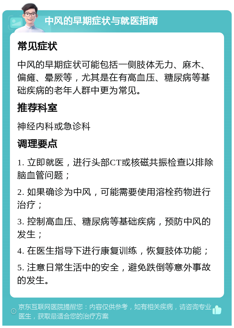 中风的早期症状与就医指南 常见症状 中风的早期症状可能包括一侧肢体无力、麻木、偏瘫、晕厥等，尤其是在有高血压、糖尿病等基础疾病的老年人群中更为常见。 推荐科室 神经内科或急诊科 调理要点 1. 立即就医，进行头部CT或核磁共振检查以排除脑血管问题； 2. 如果确诊为中风，可能需要使用溶栓药物进行治疗； 3. 控制高血压、糖尿病等基础疾病，预防中风的发生； 4. 在医生指导下进行康复训练，恢复肢体功能； 5. 注意日常生活中的安全，避免跌倒等意外事故的发生。