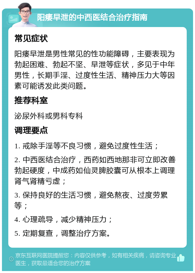 阳痿早泄的中西医结合治疗指南 常见症状 阳痿早泄是男性常见的性功能障碍，主要表现为勃起困难、勃起不坚、早泄等症状，多见于中年男性，长期手淫、过度性生活、精神压力大等因素可能诱发此类问题。 推荐科室 泌尿外科或男科专科 调理要点 1. 戒除手淫等不良习惯，避免过度性生活； 2. 中西医结合治疗，西药如西地那非可立即改善勃起硬度，中成药如仙灵脾胶囊可从根本上调理肾气肾精亏虚； 3. 保持良好的生活习惯，避免熬夜、过度劳累等； 4. 心理疏导，减少精神压力； 5. 定期复查，调整治疗方案。