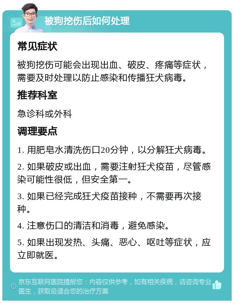 被狗挖伤后如何处理 常见症状 被狗挖伤可能会出现出血、破皮、疼痛等症状，需要及时处理以防止感染和传播狂犬病毒。 推荐科室 急诊科或外科 调理要点 1. 用肥皂水清洗伤口20分钟，以分解狂犬病毒。 2. 如果破皮或出血，需要注射狂犬疫苗，尽管感染可能性很低，但安全第一。 3. 如果已经完成狂犬疫苗接种，不需要再次接种。 4. 注意伤口的清洁和消毒，避免感染。 5. 如果出现发热、头痛、恶心、呕吐等症状，应立即就医。