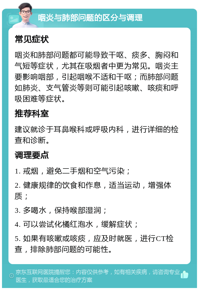 咽炎与肺部问题的区分与调理 常见症状 咽炎和肺部问题都可能导致干呕、痰多、胸闷和气短等症状，尤其在吸烟者中更为常见。咽炎主要影响咽部，引起咽喉不适和干呕；而肺部问题如肺炎、支气管炎等则可能引起咳嗽、咳痰和呼吸困难等症状。 推荐科室 建议就诊于耳鼻喉科或呼吸内科，进行详细的检查和诊断。 调理要点 1. 戒烟，避免二手烟和空气污染； 2. 健康规律的饮食和作息，适当运动，增强体质； 3. 多喝水，保持喉部湿润； 4. 可以尝试化橘红泡水，缓解症状； 5. 如果有咳嗽或咳痰，应及时就医，进行CT检查，排除肺部问题的可能性。