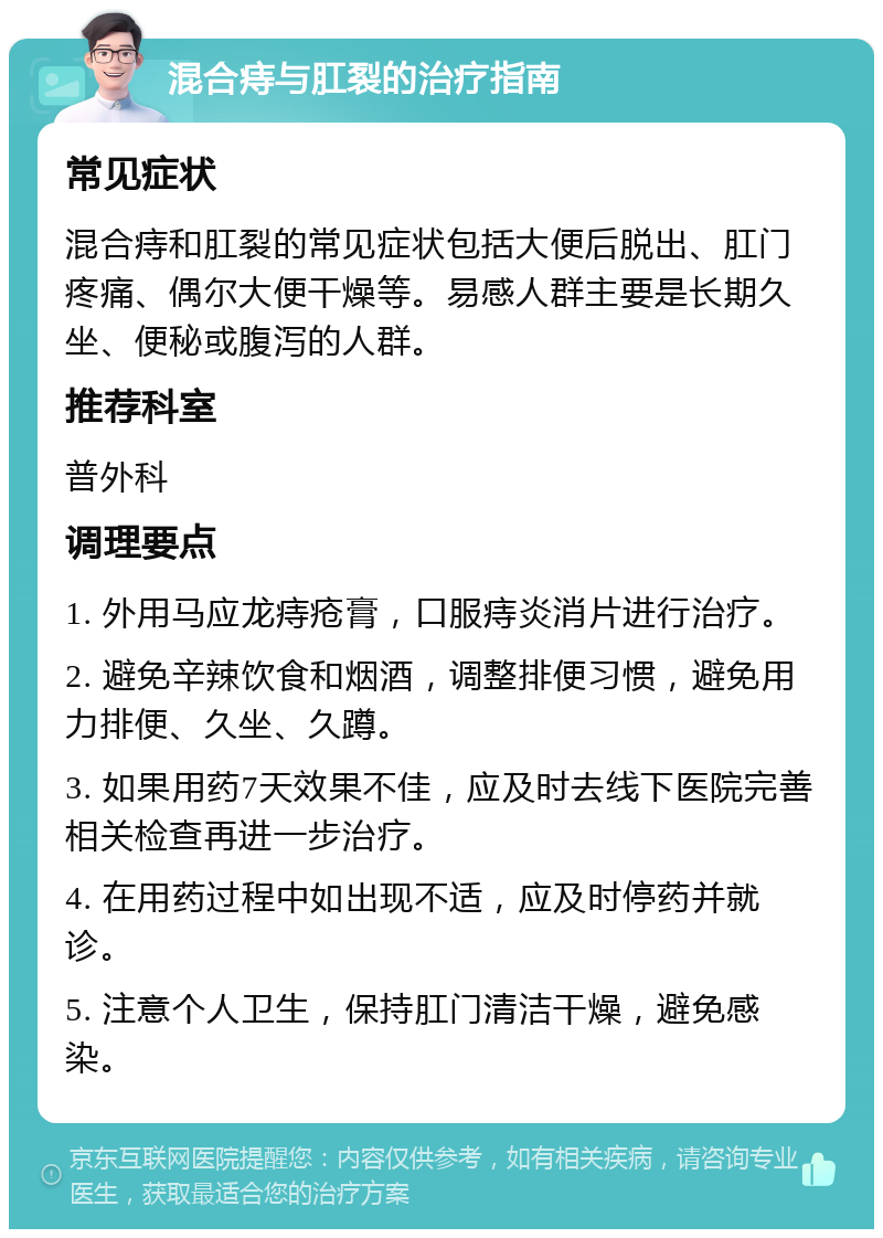 混合痔与肛裂的治疗指南 常见症状 混合痔和肛裂的常见症状包括大便后脱出、肛门疼痛、偶尔大便干燥等。易感人群主要是长期久坐、便秘或腹泻的人群。 推荐科室 普外科 调理要点 1. 外用马应龙痔疮膏，口服痔炎消片进行治疗。 2. 避免辛辣饮食和烟酒，调整排便习惯，避免用力排便、久坐、久蹲。 3. 如果用药7天效果不佳，应及时去线下医院完善相关检查再进一步治疗。 4. 在用药过程中如出现不适，应及时停药并就诊。 5. 注意个人卫生，保持肛门清洁干燥，避免感染。