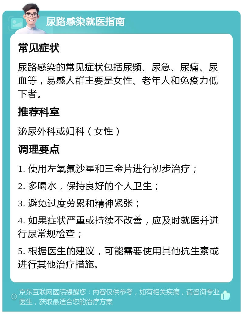 尿路感染就医指南 常见症状 尿路感染的常见症状包括尿频、尿急、尿痛、尿血等，易感人群主要是女性、老年人和免疫力低下者。 推荐科室 泌尿外科或妇科（女性） 调理要点 1. 使用左氧氟沙星和三金片进行初步治疗； 2. 多喝水，保持良好的个人卫生； 3. 避免过度劳累和精神紧张； 4. 如果症状严重或持续不改善，应及时就医并进行尿常规检查； 5. 根据医生的建议，可能需要使用其他抗生素或进行其他治疗措施。