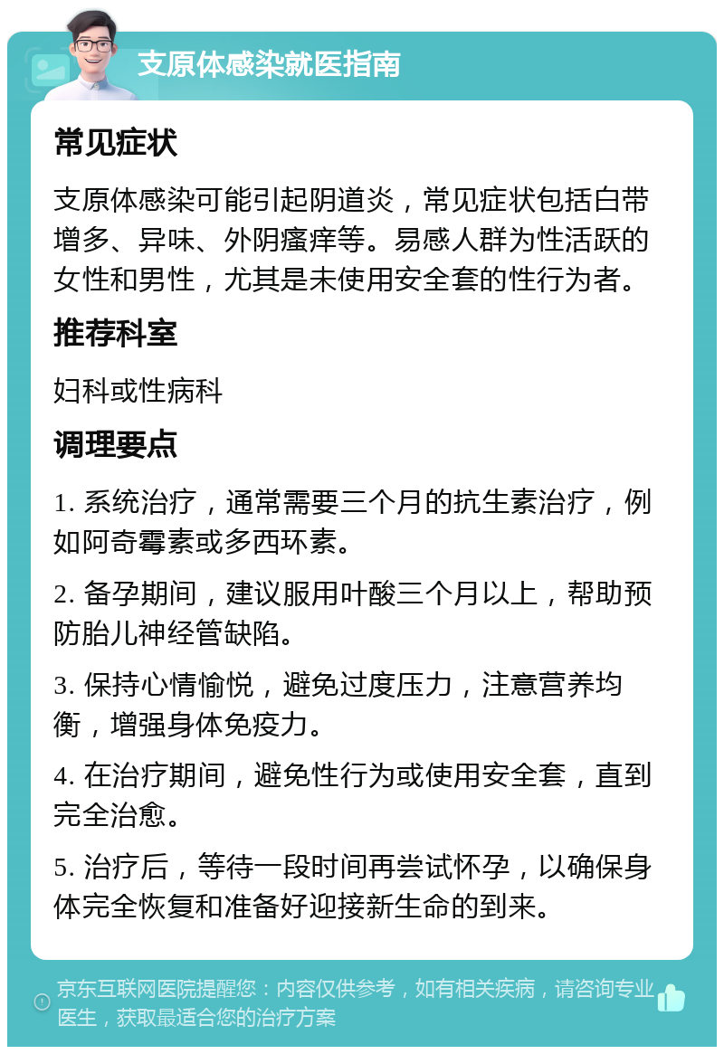 支原体感染就医指南 常见症状 支原体感染可能引起阴道炎，常见症状包括白带增多、异味、外阴瘙痒等。易感人群为性活跃的女性和男性，尤其是未使用安全套的性行为者。 推荐科室 妇科或性病科 调理要点 1. 系统治疗，通常需要三个月的抗生素治疗，例如阿奇霉素或多西环素。 2. 备孕期间，建议服用叶酸三个月以上，帮助预防胎儿神经管缺陷。 3. 保持心情愉悦，避免过度压力，注意营养均衡，增强身体免疫力。 4. 在治疗期间，避免性行为或使用安全套，直到完全治愈。 5. 治疗后，等待一段时间再尝试怀孕，以确保身体完全恢复和准备好迎接新生命的到来。