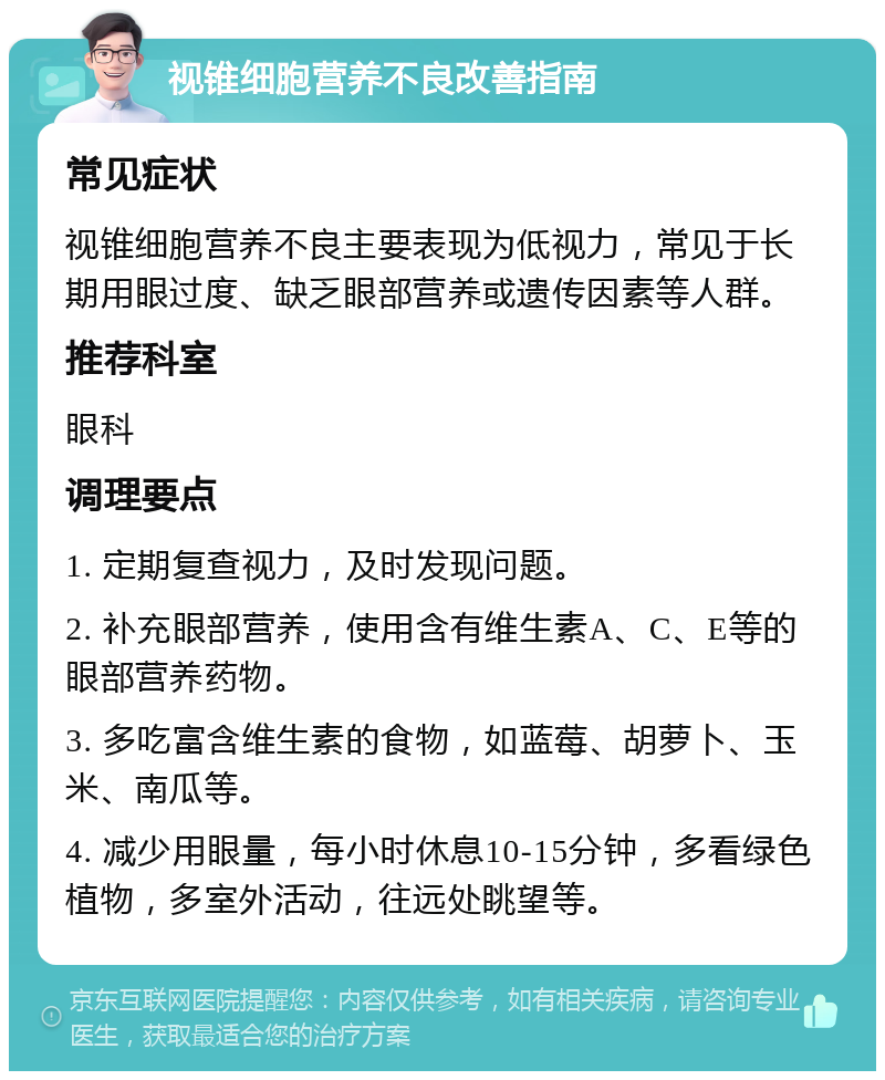 视锥细胞营养不良改善指南 常见症状 视锥细胞营养不良主要表现为低视力，常见于长期用眼过度、缺乏眼部营养或遗传因素等人群。 推荐科室 眼科 调理要点 1. 定期复查视力，及时发现问题。 2. 补充眼部营养，使用含有维生素A、C、E等的眼部营养药物。 3. 多吃富含维生素的食物，如蓝莓、胡萝卜、玉米、南瓜等。 4. 减少用眼量，每小时休息10-15分钟，多看绿色植物，多室外活动，往远处眺望等。