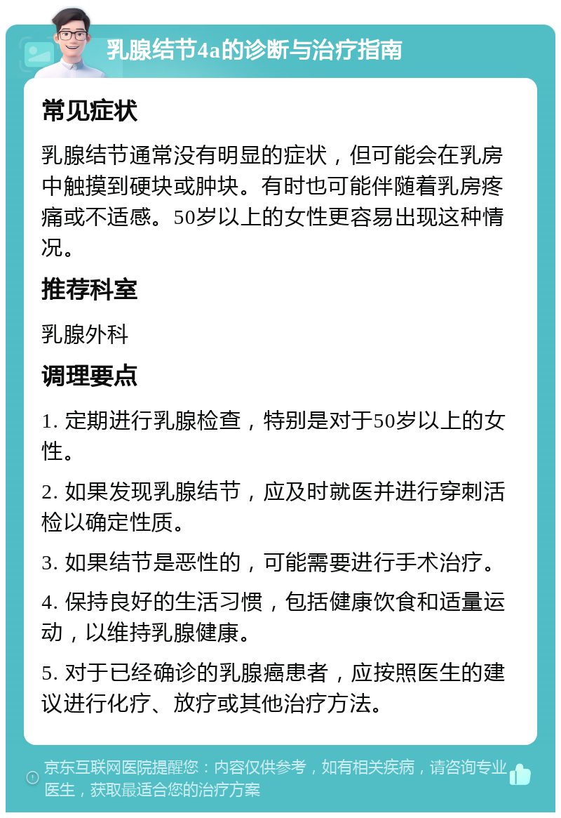 乳腺结节4a的诊断与治疗指南 常见症状 乳腺结节通常没有明显的症状，但可能会在乳房中触摸到硬块或肿块。有时也可能伴随着乳房疼痛或不适感。50岁以上的女性更容易出现这种情况。 推荐科室 乳腺外科 调理要点 1. 定期进行乳腺检查，特别是对于50岁以上的女性。 2. 如果发现乳腺结节，应及时就医并进行穿刺活检以确定性质。 3. 如果结节是恶性的，可能需要进行手术治疗。 4. 保持良好的生活习惯，包括健康饮食和适量运动，以维持乳腺健康。 5. 对于已经确诊的乳腺癌患者，应按照医生的建议进行化疗、放疗或其他治疗方法。