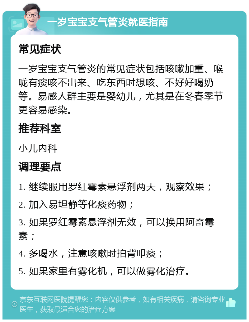 一岁宝宝支气管炎就医指南 常见症状 一岁宝宝支气管炎的常见症状包括咳嗽加重、喉咙有痰咳不出来、吃东西时想咳、不好好喝奶等。易感人群主要是婴幼儿，尤其是在冬春季节更容易感染。 推荐科室 小儿内科 调理要点 1. 继续服用罗红霉素悬浮剂两天，观察效果； 2. 加入易坦静等化痰药物； 3. 如果罗红霉素悬浮剂无效，可以换用阿奇霉素； 4. 多喝水，注意咳嗽时拍背叩痰； 5. 如果家里有雾化机，可以做雾化治疗。