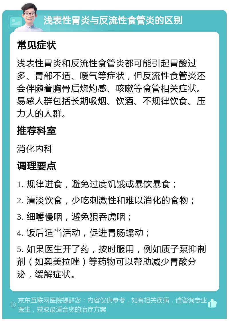 浅表性胃炎与反流性食管炎的区别 常见症状 浅表性胃炎和反流性食管炎都可能引起胃酸过多、胃部不适、嗳气等症状，但反流性食管炎还会伴随着胸骨后烧灼感、咳嗽等食管相关症状。易感人群包括长期吸烟、饮酒、不规律饮食、压力大的人群。 推荐科室 消化内科 调理要点 1. 规律进食，避免过度饥饿或暴饮暴食； 2. 清淡饮食，少吃刺激性和难以消化的食物； 3. 细嚼慢咽，避免狼吞虎咽； 4. 饭后适当活动，促进胃肠蠕动； 5. 如果医生开了药，按时服用，例如质子泵抑制剂（如奥美拉唑）等药物可以帮助减少胃酸分泌，缓解症状。