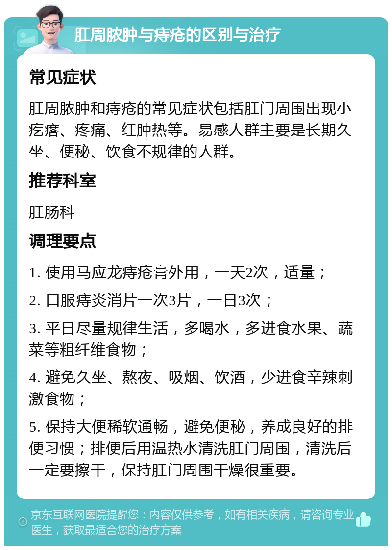 肛周脓肿与痔疮的区别与治疗 常见症状 肛周脓肿和痔疮的常见症状包括肛门周围出现小疙瘩、疼痛、红肿热等。易感人群主要是长期久坐、便秘、饮食不规律的人群。 推荐科室 肛肠科 调理要点 1. 使用马应龙痔疮膏外用，一天2次，适量； 2. 口服痔炎消片一次3片，一日3次； 3. 平日尽量规律生活，多喝水，多进食水果、蔬菜等粗纤维食物； 4. 避免久坐、熬夜、吸烟、饮酒，少进食辛辣刺激食物； 5. 保持大便稀软通畅，避免便秘，养成良好的排便习惯；排便后用温热水清洗肛门周围，清洗后一定要擦干，保持肛门周围干燥很重要。