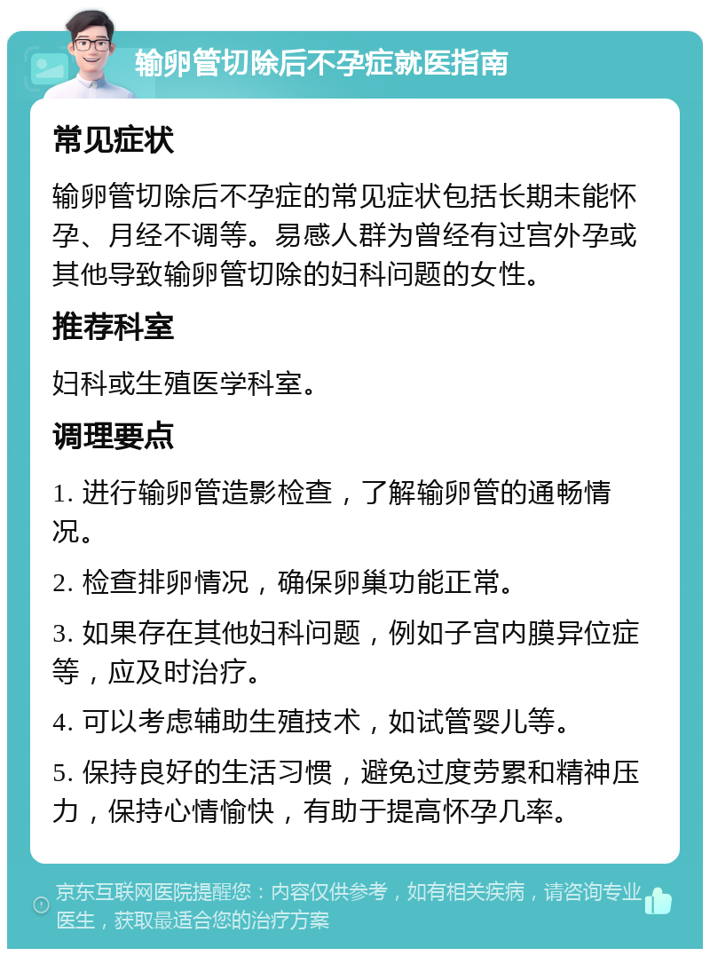 输卵管切除后不孕症就医指南 常见症状 输卵管切除后不孕症的常见症状包括长期未能怀孕、月经不调等。易感人群为曾经有过宫外孕或其他导致输卵管切除的妇科问题的女性。 推荐科室 妇科或生殖医学科室。 调理要点 1. 进行输卵管造影检查，了解输卵管的通畅情况。 2. 检查排卵情况，确保卵巢功能正常。 3. 如果存在其他妇科问题，例如子宫内膜异位症等，应及时治疗。 4. 可以考虑辅助生殖技术，如试管婴儿等。 5. 保持良好的生活习惯，避免过度劳累和精神压力，保持心情愉快，有助于提高怀孕几率。