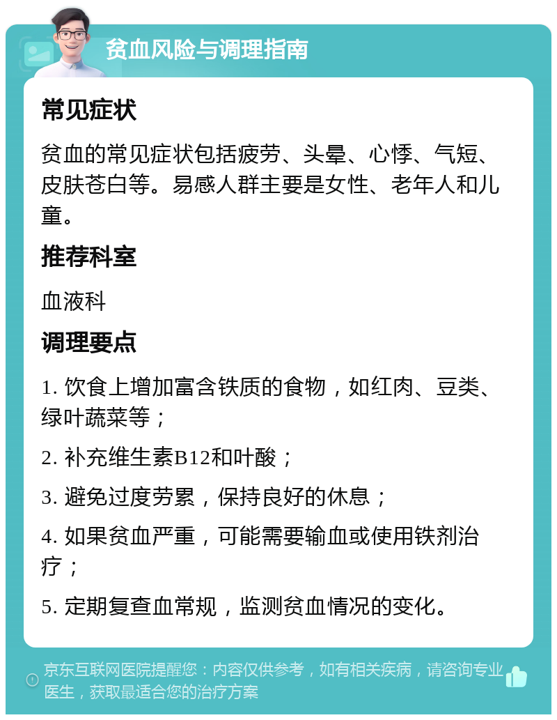 贫血风险与调理指南 常见症状 贫血的常见症状包括疲劳、头晕、心悸、气短、皮肤苍白等。易感人群主要是女性、老年人和儿童。 推荐科室 血液科 调理要点 1. 饮食上增加富含铁质的食物，如红肉、豆类、绿叶蔬菜等； 2. 补充维生素B12和叶酸； 3. 避免过度劳累，保持良好的休息； 4. 如果贫血严重，可能需要输血或使用铁剂治疗； 5. 定期复查血常规，监测贫血情况的变化。