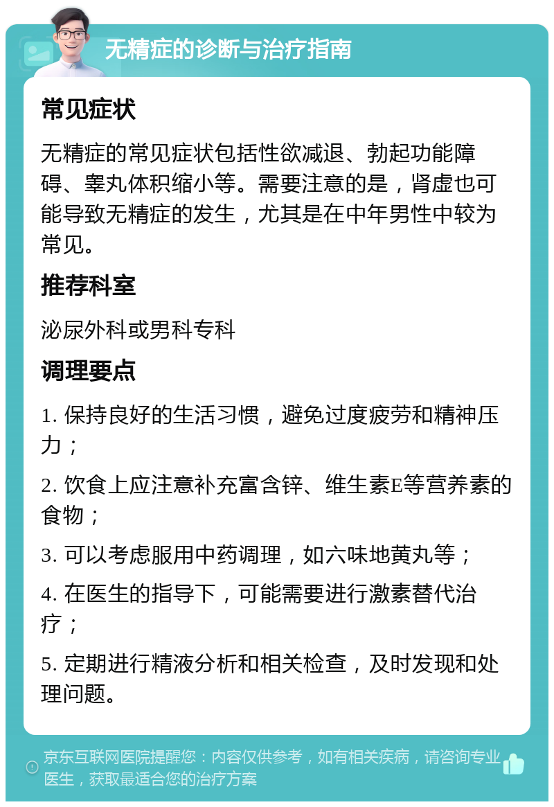 无精症的诊断与治疗指南 常见症状 无精症的常见症状包括性欲减退、勃起功能障碍、睾丸体积缩小等。需要注意的是，肾虚也可能导致无精症的发生，尤其是在中年男性中较为常见。 推荐科室 泌尿外科或男科专科 调理要点 1. 保持良好的生活习惯，避免过度疲劳和精神压力； 2. 饮食上应注意补充富含锌、维生素E等营养素的食物； 3. 可以考虑服用中药调理，如六味地黄丸等； 4. 在医生的指导下，可能需要进行激素替代治疗； 5. 定期进行精液分析和相关检查，及时发现和处理问题。