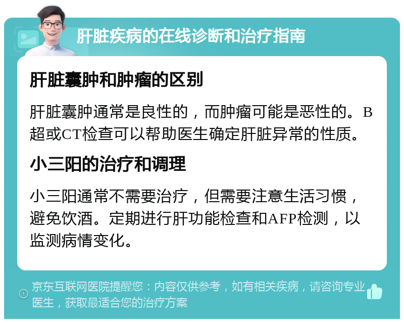 肝脏疾病的在线诊断和治疗指南 肝脏囊肿和肿瘤的区别 肝脏囊肿通常是良性的，而肿瘤可能是恶性的。B超或CT检查可以帮助医生确定肝脏异常的性质。 小三阳的治疗和调理 小三阳通常不需要治疗，但需要注意生活习惯，避免饮酒。定期进行肝功能检查和AFP检测，以监测病情变化。