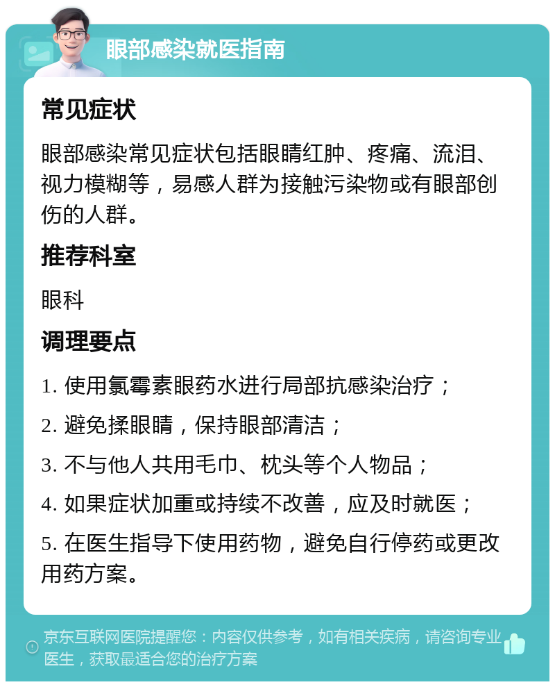 眼部感染就医指南 常见症状 眼部感染常见症状包括眼睛红肿、疼痛、流泪、视力模糊等，易感人群为接触污染物或有眼部创伤的人群。 推荐科室 眼科 调理要点 1. 使用氯霉素眼药水进行局部抗感染治疗； 2. 避免揉眼睛，保持眼部清洁； 3. 不与他人共用毛巾、枕头等个人物品； 4. 如果症状加重或持续不改善，应及时就医； 5. 在医生指导下使用药物，避免自行停药或更改用药方案。