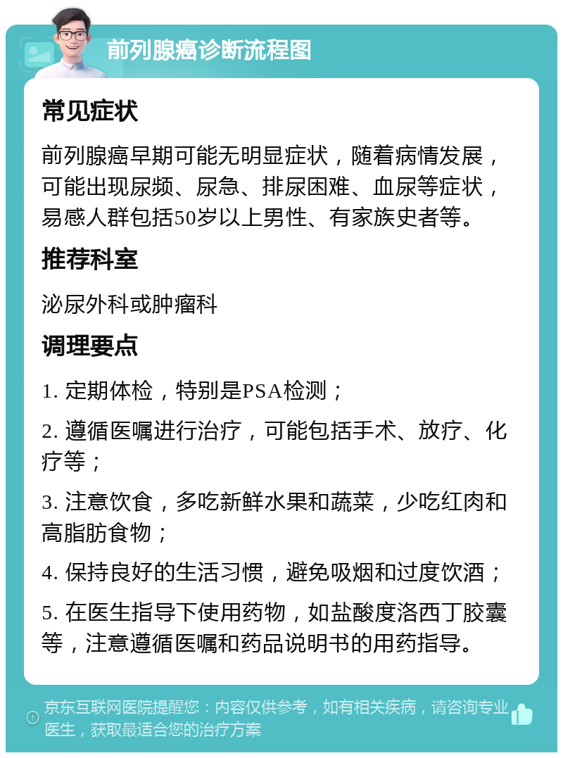 前列腺癌诊断流程图 常见症状 前列腺癌早期可能无明显症状，随着病情发展，可能出现尿频、尿急、排尿困难、血尿等症状，易感人群包括50岁以上男性、有家族史者等。 推荐科室 泌尿外科或肿瘤科 调理要点 1. 定期体检，特别是PSA检测； 2. 遵循医嘱进行治疗，可能包括手术、放疗、化疗等； 3. 注意饮食，多吃新鲜水果和蔬菜，少吃红肉和高脂肪食物； 4. 保持良好的生活习惯，避免吸烟和过度饮酒； 5. 在医生指导下使用药物，如盐酸度洛西丁胶囊等，注意遵循医嘱和药品说明书的用药指导。