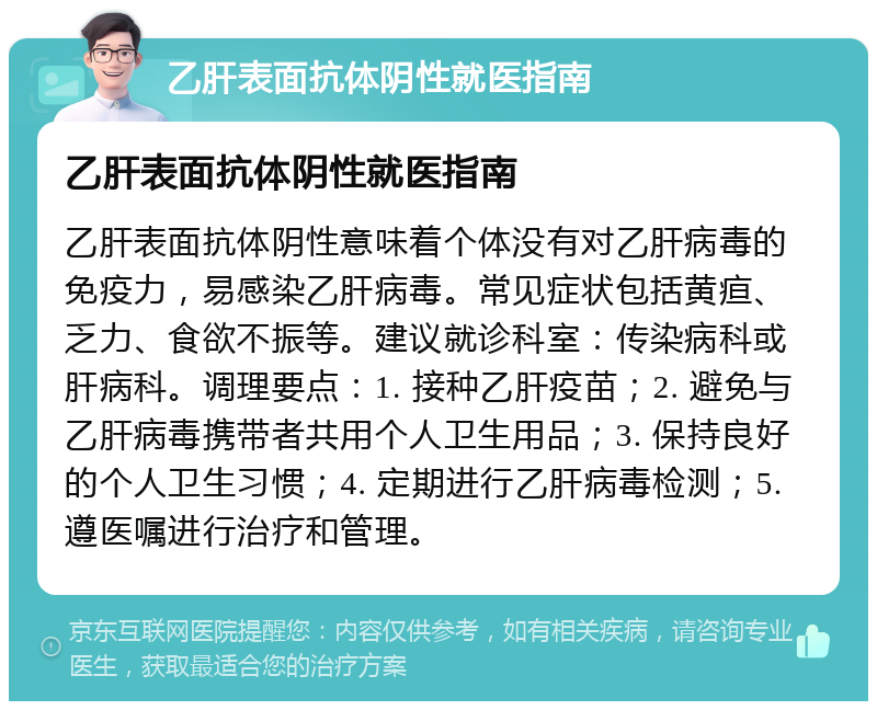 乙肝表面抗体阴性就医指南 乙肝表面抗体阴性就医指南 乙肝表面抗体阴性意味着个体没有对乙肝病毒的免疫力，易感染乙肝病毒。常见症状包括黄疸、乏力、食欲不振等。建议就诊科室：传染病科或肝病科。调理要点：1. 接种乙肝疫苗；2. 避免与乙肝病毒携带者共用个人卫生用品；3. 保持良好的个人卫生习惯；4. 定期进行乙肝病毒检测；5. 遵医嘱进行治疗和管理。