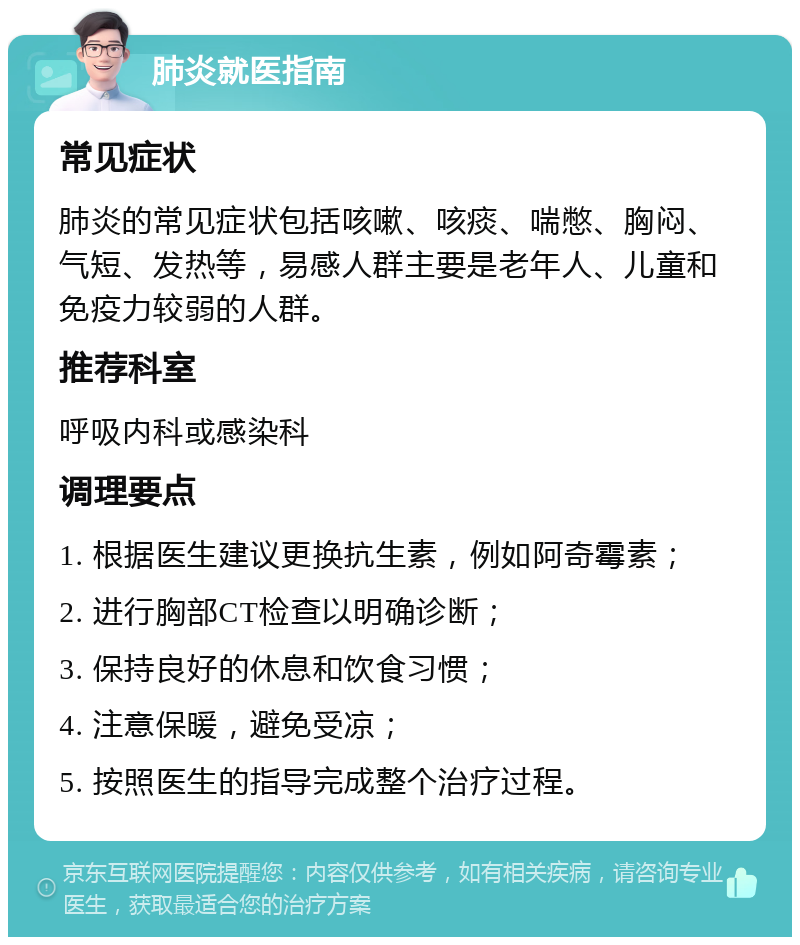 肺炎就医指南 常见症状 肺炎的常见症状包括咳嗽、咳痰、喘憋、胸闷、气短、发热等，易感人群主要是老年人、儿童和免疫力较弱的人群。 推荐科室 呼吸内科或感染科 调理要点 1. 根据医生建议更换抗生素，例如阿奇霉素； 2. 进行胸部CT检查以明确诊断； 3. 保持良好的休息和饮食习惯； 4. 注意保暖，避免受凉； 5. 按照医生的指导完成整个治疗过程。