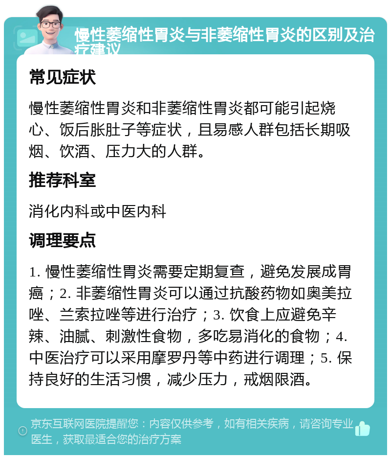 慢性萎缩性胃炎与非萎缩性胃炎的区别及治疗建议 常见症状 慢性萎缩性胃炎和非萎缩性胃炎都可能引起烧心、饭后胀肚子等症状，且易感人群包括长期吸烟、饮酒、压力大的人群。 推荐科室 消化内科或中医内科 调理要点 1. 慢性萎缩性胃炎需要定期复查，避免发展成胃癌；2. 非萎缩性胃炎可以通过抗酸药物如奥美拉唑、兰索拉唑等进行治疗；3. 饮食上应避免辛辣、油腻、刺激性食物，多吃易消化的食物；4. 中医治疗可以采用摩罗丹等中药进行调理；5. 保持良好的生活习惯，减少压力，戒烟限酒。