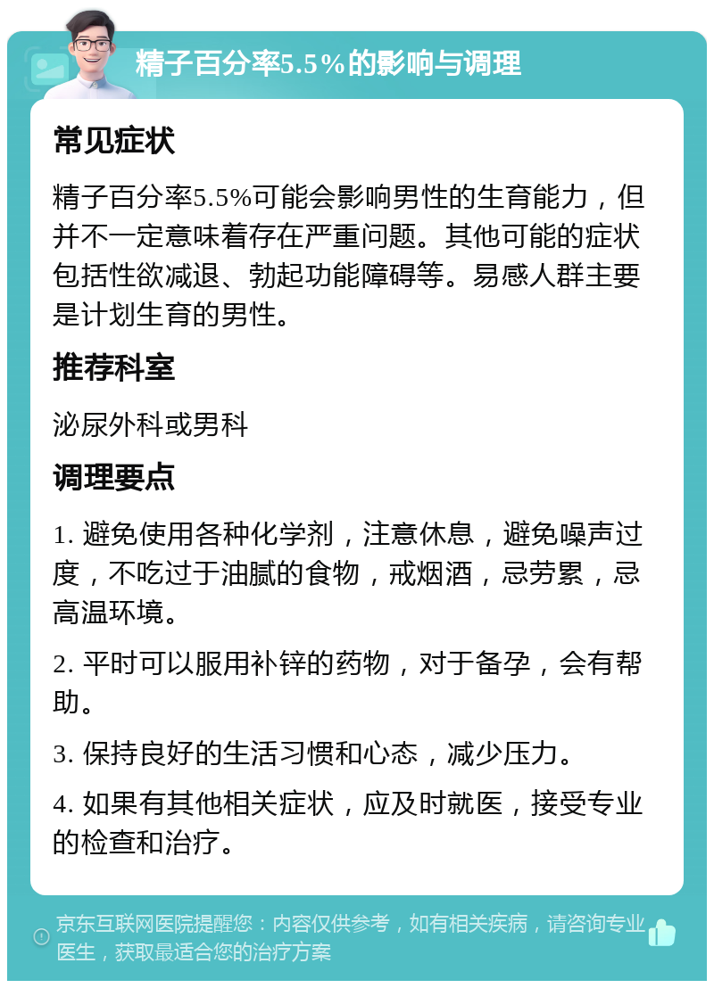 精子百分率5.5%的影响与调理 常见症状 精子百分率5.5%可能会影响男性的生育能力，但并不一定意味着存在严重问题。其他可能的症状包括性欲减退、勃起功能障碍等。易感人群主要是计划生育的男性。 推荐科室 泌尿外科或男科 调理要点 1. 避免使用各种化学剂，注意休息，避免噪声过度，不吃过于油腻的食物，戒烟酒，忌劳累，忌高温环境。 2. 平时可以服用补锌的药物，对于备孕，会有帮助。 3. 保持良好的生活习惯和心态，减少压力。 4. 如果有其他相关症状，应及时就医，接受专业的检查和治疗。