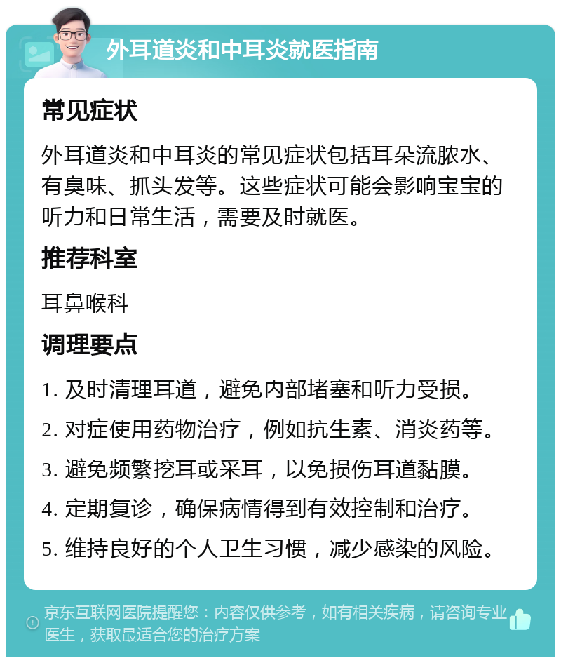 外耳道炎和中耳炎就医指南 常见症状 外耳道炎和中耳炎的常见症状包括耳朵流脓水、有臭味、抓头发等。这些症状可能会影响宝宝的听力和日常生活，需要及时就医。 推荐科室 耳鼻喉科 调理要点 1. 及时清理耳道，避免内部堵塞和听力受损。 2. 对症使用药物治疗，例如抗生素、消炎药等。 3. 避免频繁挖耳或采耳，以免损伤耳道黏膜。 4. 定期复诊，确保病情得到有效控制和治疗。 5. 维持良好的个人卫生习惯，减少感染的风险。