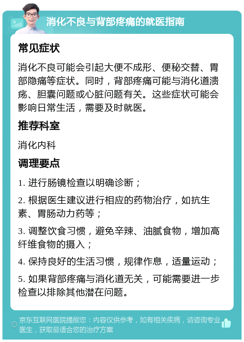 消化不良与背部疼痛的就医指南 常见症状 消化不良可能会引起大便不成形、便秘交替、胃部隐痛等症状。同时，背部疼痛可能与消化道溃疡、胆囊问题或心脏问题有关。这些症状可能会影响日常生活，需要及时就医。 推荐科室 消化内科 调理要点 1. 进行肠镜检查以明确诊断； 2. 根据医生建议进行相应的药物治疗，如抗生素、胃肠动力药等； 3. 调整饮食习惯，避免辛辣、油腻食物，增加高纤维食物的摄入； 4. 保持良好的生活习惯，规律作息，适量运动； 5. 如果背部疼痛与消化道无关，可能需要进一步检查以排除其他潜在问题。